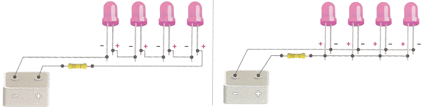 LEDs connected in series (left) and in parallel (right).