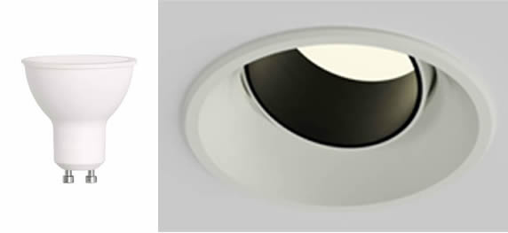 (Left) A GU10 LED and (right) a modern COB luminaire that combines aesthetics and performance.